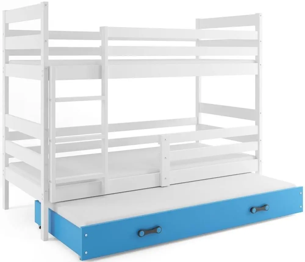 eoshop Poschodová posteľ s prístelkou ERYK 3 80x160 cm, biela / modrá (Voľba matraca: Penový matrac)